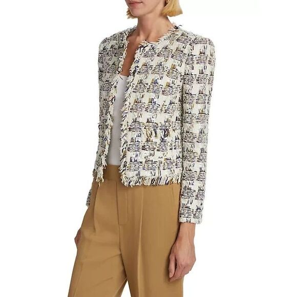 $795 NEW L'AGENCE Women's Angelina Ivory Multi Tweed Plaid Jacket Blazer Size 10 - Picture 2 of 9